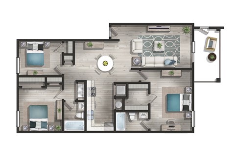 Floor plan for 3 beds, 2 baths, 1350 sqft